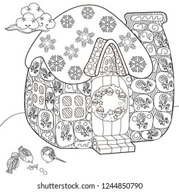 Coloring Pages. Coloring Book for children and adults. Colouring pictures with hous. Antistress freehand sketch drawing with doodle and zentangle elements.
