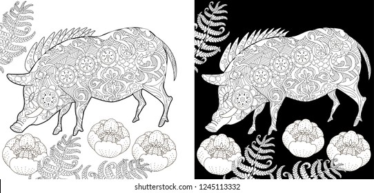 Coloring Pages. Coloring Book for children and adults. Cute Pig - 2019 Chinese New Year symbol. Antistress freehand sketch drawing with doodle and zentangle elements.