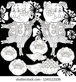 Coloring Pages. Coloring Book for children and adults. Cute Pig - 2019 Chinese New Year symbol. Antistress freehand sketch drawing with doodle and zentangle elements.