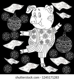 Coloring Pages. Coloring Book for children and adults. Cute Pig - 2019 Chinese New Year symbol. Antistress freehand sketch drawing with doodle and zentangle elements.