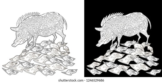 Coloring Pages. Coloring Book for children and adults. Cute Pig - 2019 Chinese New Year symbol. Antistress sketch drawing with doodle and zentangle elements.