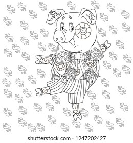 Coloring Pages. Coloring Book for children and adults. Cute Pig - 2019 Chinese New Year symbol. Antistress freehand sketch drawing with doodle and zentangle elements.