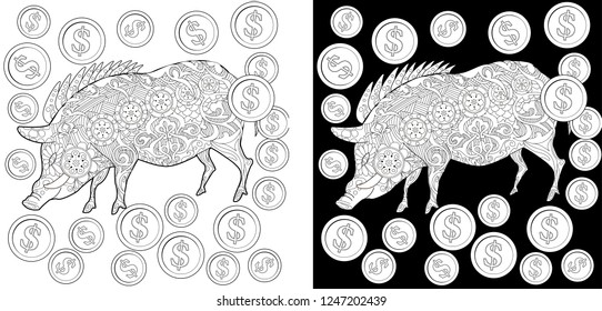 Coloring Pages. Coloring Book for children and adults. Cute Pig - 2019 Chinese New Year symbol. Antistress freehand sketch drawing with doodle and zentangle elements.