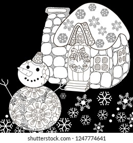 Coloring Pages. Coloring Book for children and adults. Colouring pictures with hous. Antistress freehand sketch drawing with doodle and zentangle elements.