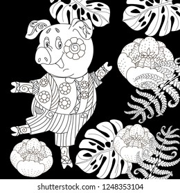 Coloring Pages. Coloring Book for children and adults. Cute Pig - 2019 Chinese New Year symbol. Antistress freehand sketch drawing with doodle and zentangle elements.