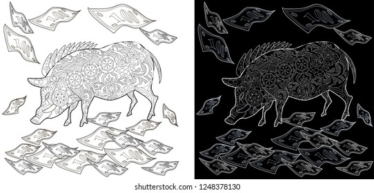 Coloring Pages. Coloring Book for children and adults. Cute Pig - 2019 Chinese New Year symbol. Antistress freehand sketch drawing with doodle and zentangle elements.