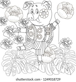 Coloring Pages. Coloring Book for children and adults. Cute Pig - 2019 Chinese New Year symbol. Antistress freehand sketch drawing with doodle and zentangle elements.