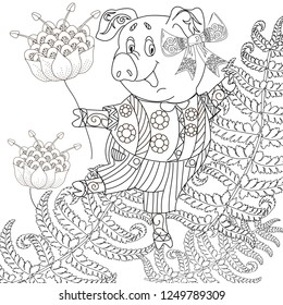 Coloring Pages. Coloring Book for children and adults. Cute Pig - 2019 Chinese New Year symbol. Antistress freehand sketch drawing with doodle and zentangle elements.