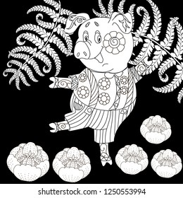 Coloring Pages. Coloring Book for children and adults. Cute Pig - 2019 Chinese New Year symbol. Antistress freehand sketch drawing with doodle and zentangle elements.