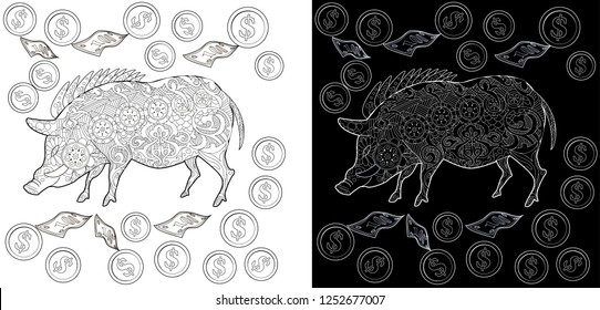 Coloring Pages. Coloring Book for children and adults. Cute Pig - 2019 Chinese New Year symbol. Antistress freehand sketch drawing with doodle and zentangle elements.