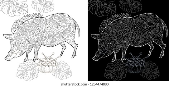 Coloring Pages. Coloring Book for children and adults. Cute Pig - 2019 Chinese New Year symbol. Antistress freehand sketch drawing with doodle and zentangle elements.