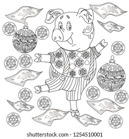Coloring Pages. Coloring Book for children and adults. Cute Pig - 2019 Chinese New Year symbol. Antistress freehand sketch drawing with doodle and zentangle elements.