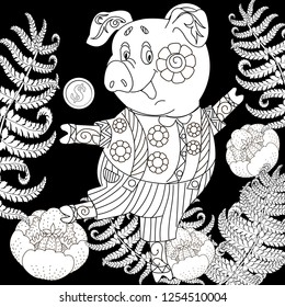 Coloring Pages. Coloring Book for children and adults. Cute Pig - 2019 Chinese New Year symbol. Antistress freehand sketch drawing with doodle and zentangle elements.