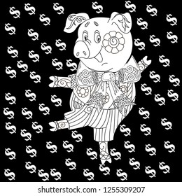 Coloring Pages. Coloring Book for children and adults. Cute Pig - 2019 Chinese New Year symbol. Antistress freehand sketch drawing with doodle and zentangle elements.