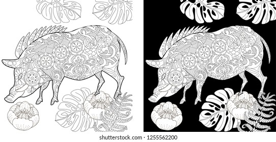 Coloring Pages. Coloring Book for children and adults. Cute Pig - 2019 Chinese New Year symbol. Antistress freehand sketch drawing with doodle and zentangle elements.