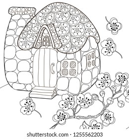 Coloring Pages. Coloring Book for children and adults. Colouring pictures with hous. Antistress freehand sketch drawing with doodle and zentangle elements.