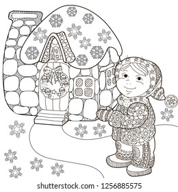 Coloring Pages. Coloring Book for children and adults. Colouring pictures with child and house. Antistress freehand sketch drawing with doodle and zentangle elements.