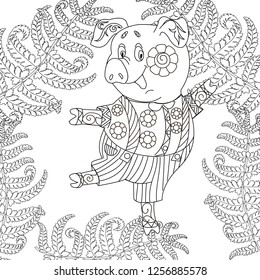 Coloring Pages. Coloring Book for children and adults. Cute Pig - 2019 Chinese New Year symbol. Antistress freehand sketch drawing with doodle and zentangle elements.