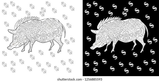 Coloring Pages. Coloring Book for children and adults. Cute Pig - 2019 Chinese New Year symbol. Antistress freehand sketch drawing with doodle and zentangle elements.