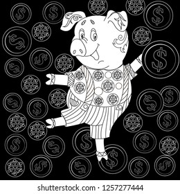 Coloring Pages. Coloring Book for children and adults. Cute Pig - 2019 Chinese New Year symbol. Antistress freehand sketch drawing with doodle and zentangle elements.