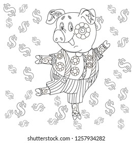 Coloring Pages. Coloring Book for children and adults. Cute Pig - 2019 Chinese New Year symbol. Antistress freehand sketch drawing with doodle and zentangle elements.