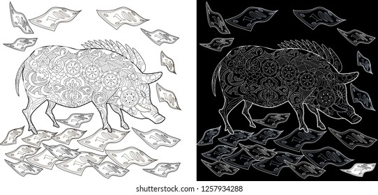 Coloring Pages. Coloring Book for children and adults. Cute Pig - 2019 Chinese New Year symbol. Antistress freehand sketch drawing with doodle and zentangle elements.