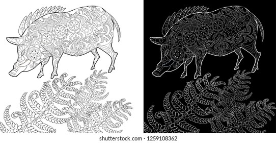 Coloring Pages. Coloring Book for children and adults. Cute Pig - 2019 Chinese New Year symbol. Antistress freehand sketch drawing with doodle and zentangle elements.