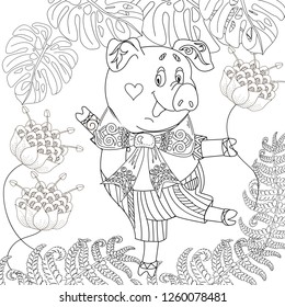 Coloring Pages. Coloring Book for children and adults. Cute Pig - 2019 Chinese New Year symbol. Antistress freehand sketch drawing with doodle and zentangle elements.