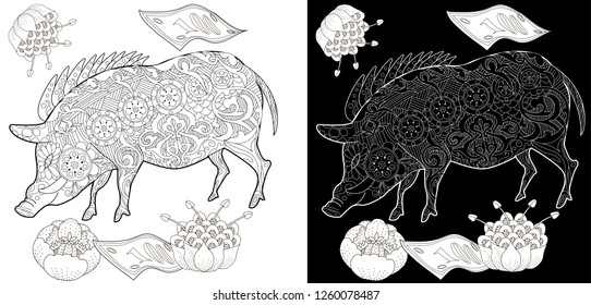 Coloring Pages. Coloring Book for children and adults. Cute Pig - 2019 Chinese New Year symbol. Antistress freehand sketch drawing with doodle and zentangle elements.