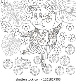 Coloring Pages. Coloring Book for children and adults. Cute Pig - 2019 Chinese New Year symbol. Antistress freehand sketch drawing with doodle and zentangle elements.