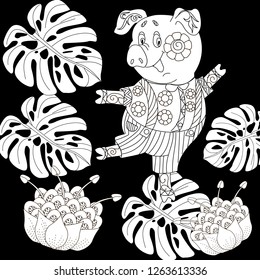 Coloring Pages. Coloring Book for children and adults. Cute Pig - 2019 Chinese New Year symbol. Antistress freehand sketch drawing with doodle and zentangle elements.