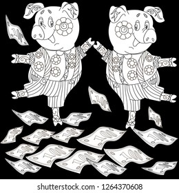 Coloring Pages. Coloring Book for children and adults. Cute Pig - 2019 Chinese New Year symbol. Antistress freehand sketch drawing with doodle and zentangle elements.