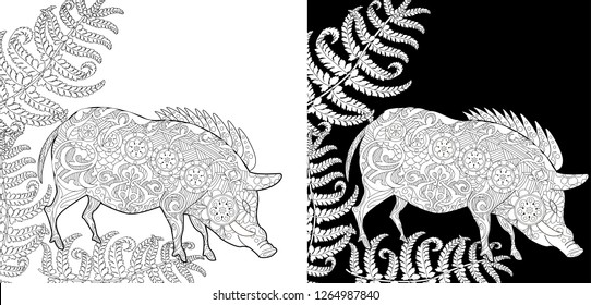 Coloring Pages. Coloring Book for children and adults. Cute Pig - 2019 Chinese New Year symbol. Antistress freehand sketch drawing with doodle and zentangle elements.