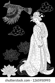 Coloring Pages. Coloring Book for children and adults. Colouring pictures with Kimono Girl. Antistress freehand sketch drawing with doodle and zentangle elements.