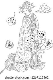 Coloring Pages. Coloring Book for children and adults. Colouring pictures with Kimono Girl. Antistress freehand sketch drawing with doodle and zentangle elements.