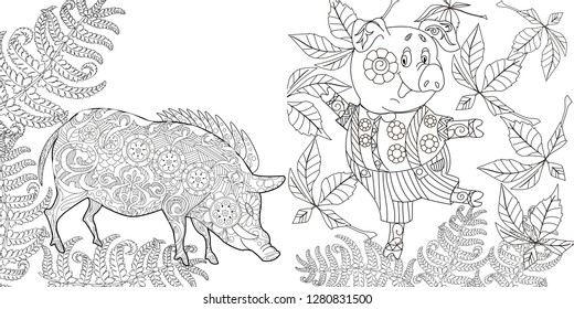 Coloring Pages. Coloring Book for children and adults. Cute Pig - 2019 Chinese New Year symbol. Antistress freehand sketch drawing with doodle and zentangle elements.