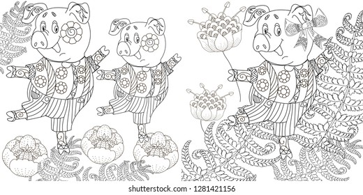 Coloring Pages. Coloring Book for children and adults. Cute Pig - 2019 Chinese New Year symbol. Antistress freehand sketch drawing with doodle and zentangle elements.