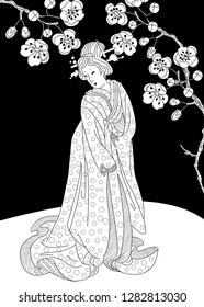 Coloring Pages. Coloring Book for children and adults. Colouring pictures with Kimono Girl. Antistress freehand sketch drawing with doodle and zentangle elements.