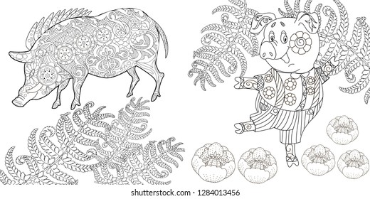 Coloring Pages. Coloring Book for children and adults. Cute Pig - 2019 Chinese New Year symbol. Antistress freehand sketch drawing with doodle and zentangle elements.