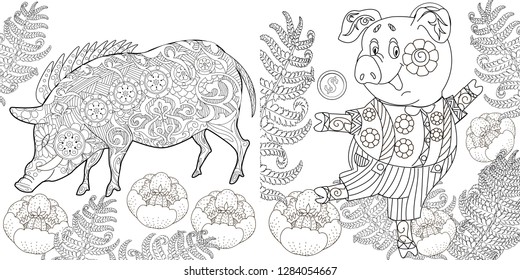 Coloring Pages. Coloring Book for children and adults. Cute Pig - 2019 Chinese New Year symbol. Antistress freehand sketch drawing with doodle and zentangle elements.