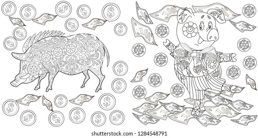 Coloring Pages. Coloring Book for children and adults. Cute Pig - 2019 Chinese New Year symbol. Antistress freehand sketch drawing with doodle and zentangle elements.