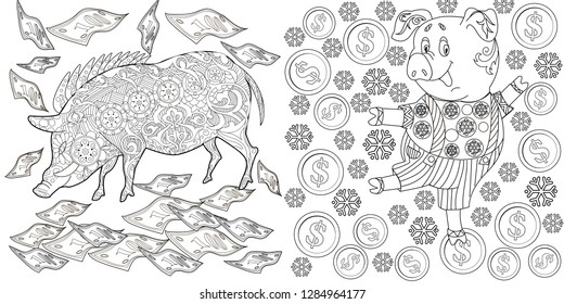 Coloring Pages. Coloring Book for children and adults. Cute Pig - 2019 Chinese New Year symbol. Antistress freehand sketch drawing with doodle and zentangle elements.