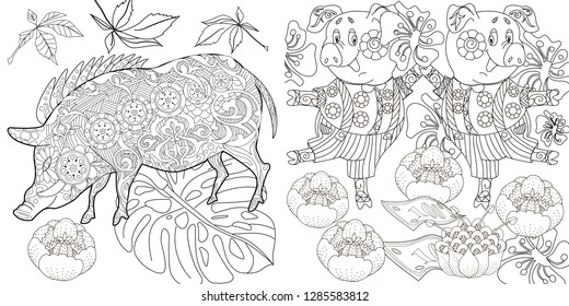 Coloring Pages. Coloring Book for children and adults. Cute Pig - 2019 Chinese New Year symbol. Antistress freehand sketch drawing with doodle and zentangle elements.