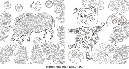 Coloring Pages. Coloring Book for children and adults. Cute Pig - 2019 Chinese New Year symbol. Antistress freehand sketch drawing with doodle and zentangle elements.