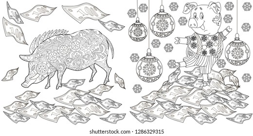 Coloring Pages. Coloring Book for children and adults. Cute Pig - 2019 Chinese New Year symbol. Antistress freehand sketch drawing with doodle and zentangle elements.