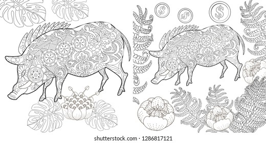 Coloring Pages. Coloring Book for children and adults. Cute Pig - 2019 Chinese New Year symbol. Antistress freehand sketch drawing with doodle and zentangle elements.