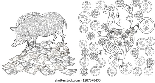 Coloring Pages. Coloring Book for children and adults. Cute Pig - 2019 Chinese New Year symbol. Antistress freehand sketch drawing with doodle and zentangle elements.