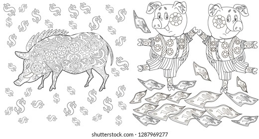 Coloring Pages. Coloring Book for children and adults. Cute Pig - 2019 Chinese New Year symbol. Antistress freehand sketch drawing with doodle and zentangle elements.