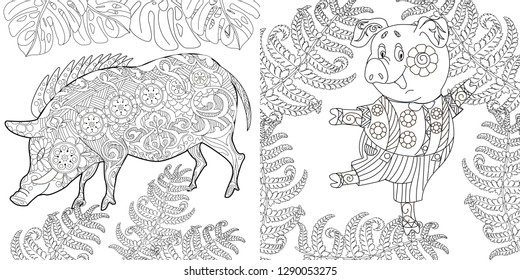 Coloring Pages. Coloring Book for children and adults. Cute Pig - 2019 Chinese New Year symbol. Antistress freehand sketch drawing with doodle and zentangle elements.