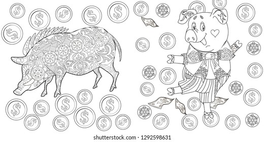 Coloring Pages. Coloring Book for children and adults. Cute Pig - 2019 Chinese New Year symbol. Antistress freehand sketch drawing with doodle and zentangle elements.